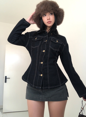 A BEAN 美式辣妹 复古收腰正肩翻领明线牛仔衬衫外套掐腰长袖上衣