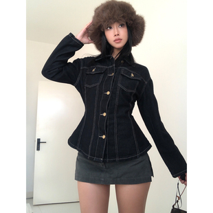 BEAN 外套掐腰长袖 美式 复古收腰正肩翻领明线牛仔衬衫 上衣 辣妹