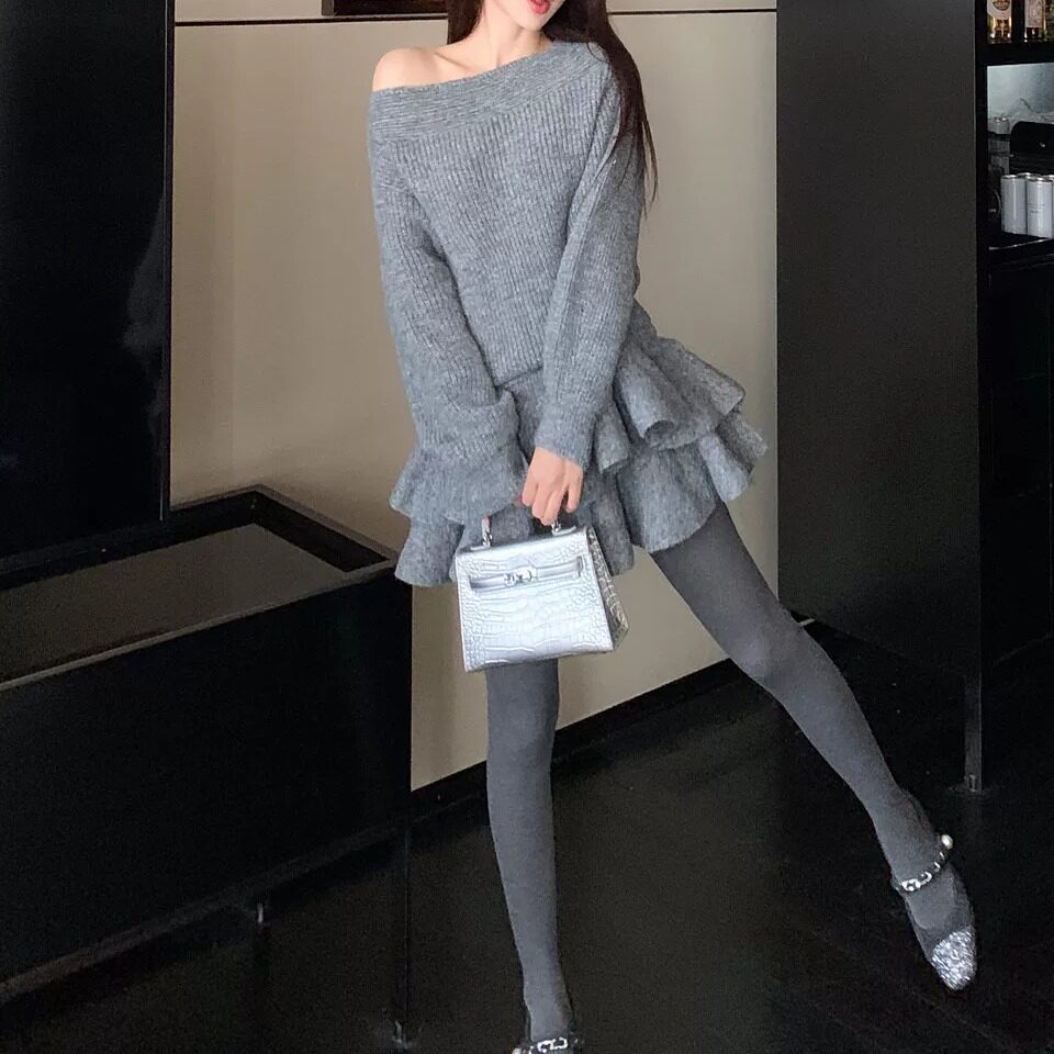 小香风斜领荷叶边秋冬针织两件套
