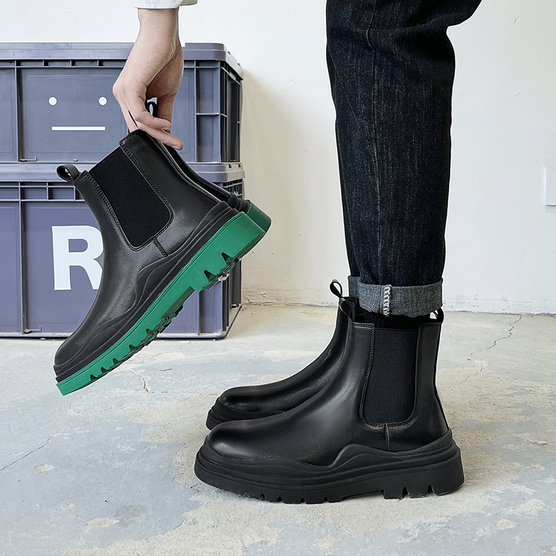 绿底切尔西靴男马丁靴增高英伦风