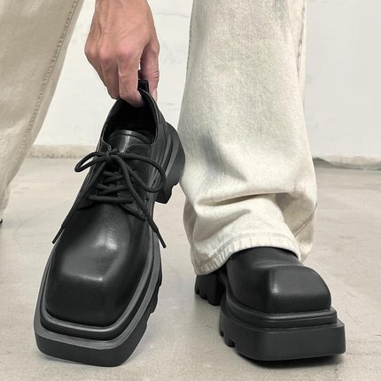 方头德比鞋男厚底7cm增高发型师皮鞋高级感透气大头鞋子cleanfit