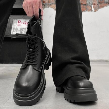 马丁靴男厚底增高7cm秋季新款工装巴黎德比鞋透气黑色高帮皮鞋潮