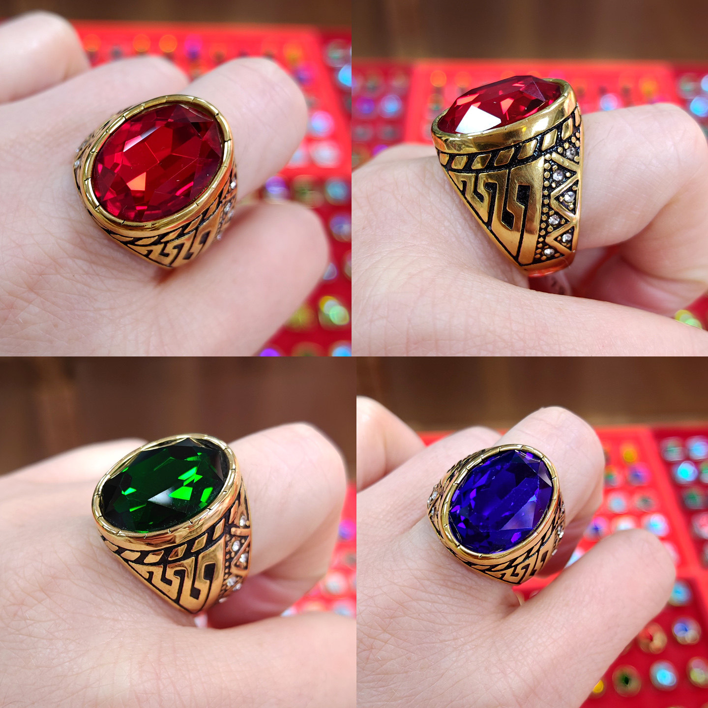 新款男士戒指红绿蓝宝石戒指仿钻石切面男款老板戒黄铜托镀18K