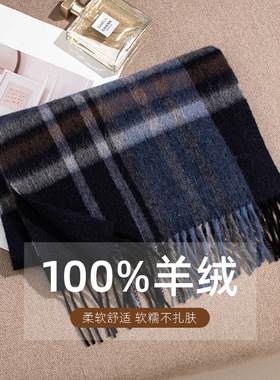 韩系氛围感围巾100%纯羊绒蓝色格子围巾男冬季高级感女士羊绒围脖