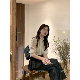 女春夏温柔气质显瘦微透感系带长袖 韩系衬衫 上衣 云浅风栖 Miao