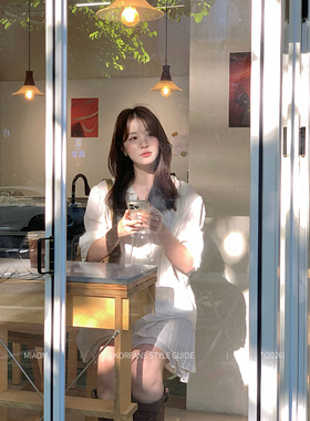 Miao【晴日风铃】温柔套装女韩系长袖白色衬衫+蓬蓬短半裙两件套