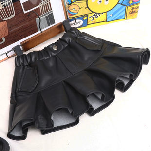 女童PU皮半身裙加绒加厚带内衬春秋冬女宝宝皮短裙洋气A字皮裙