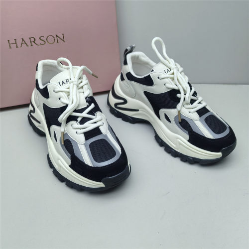 Harson/哈森正品撤柜休闲时尚百搭厚底增高拼色系带老爹鞋女单鞋