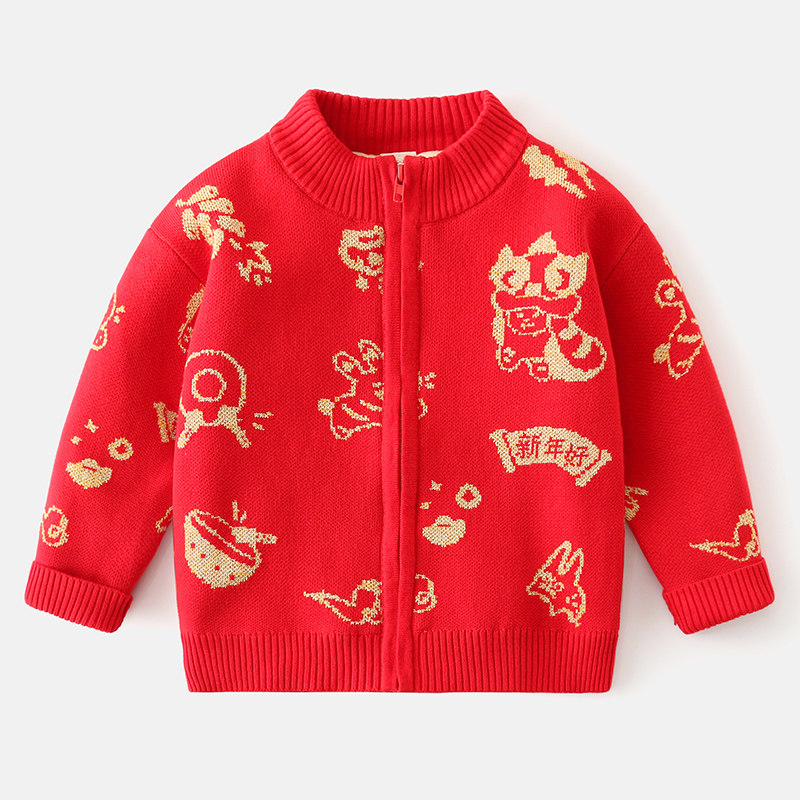 纯棉大红新年装儿童毛衣外套加绒