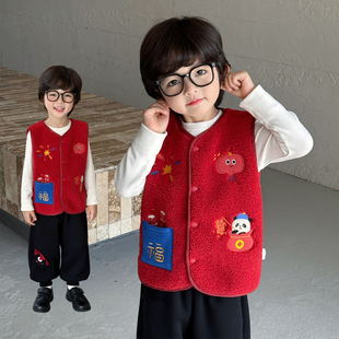 新年装男童摇粒绒马甲加绒加厚儿童背心拜年服秋冬季宝宝红色坎肩