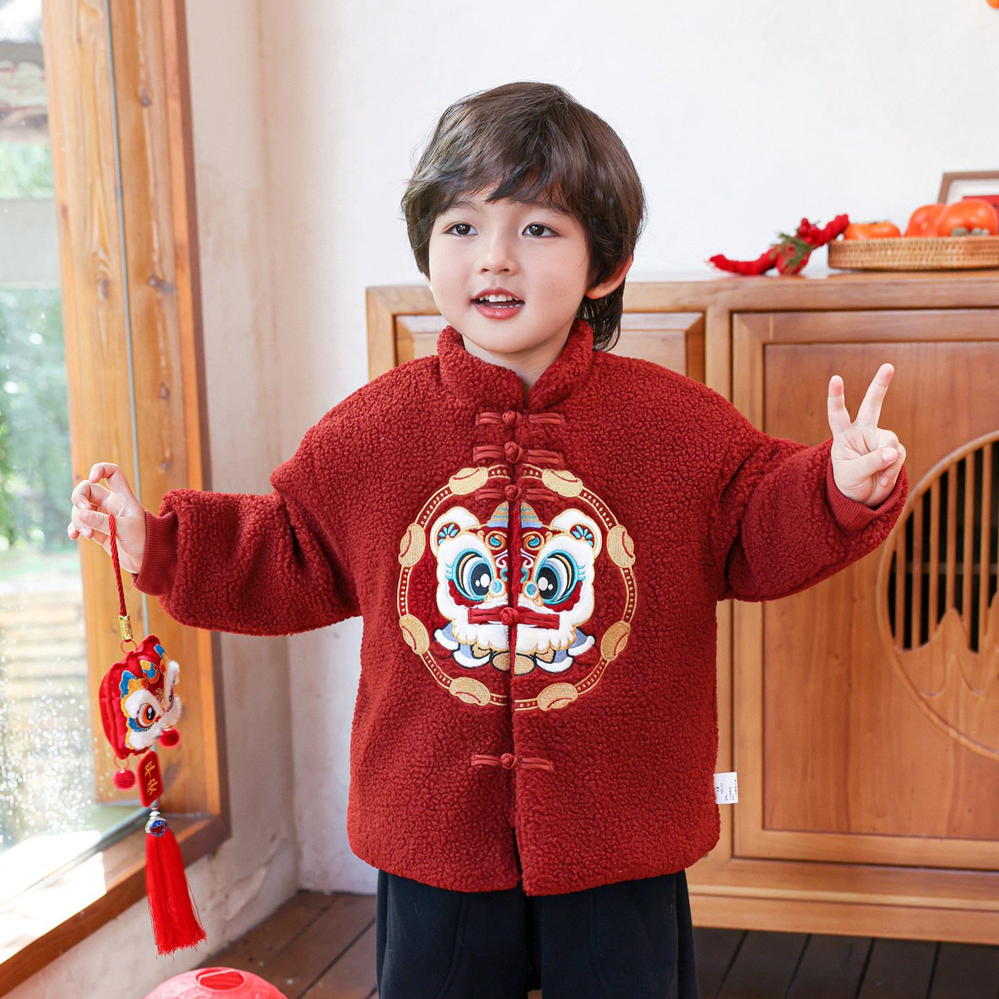 男童摇粒绒外套加厚儿童棉衣拜年服宝宝国风唐装喜庆红色上衣洋气