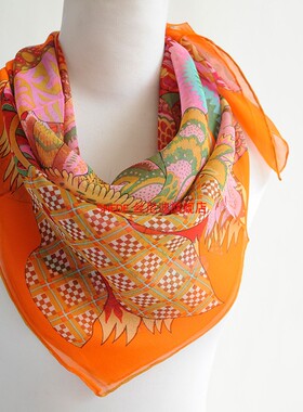 真丝披肩纯桑蚕丝大方巾丝绸丝巾围巾女纱巾领巾春秋冬天头巾橙色