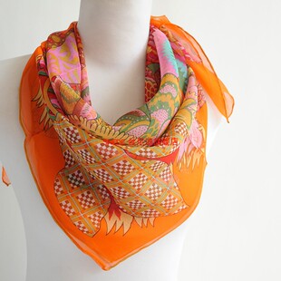 真丝披肩纯桑蚕丝大方巾丝绸丝巾围巾女纱巾领巾春秋冬天头巾橙色