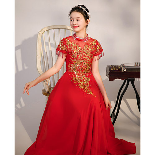 中国风女童古筝演出服红色礼服裙
