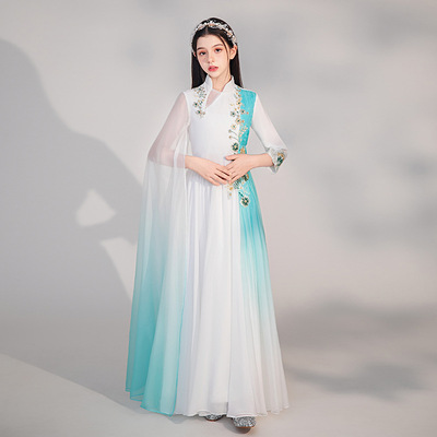 女童白色礼服中国风儿童演出服