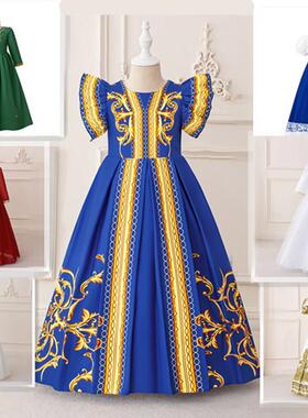 女童短袖刺绣长裙儿童节日庆典表演礼服女孩民族风长款宽松连衣裙