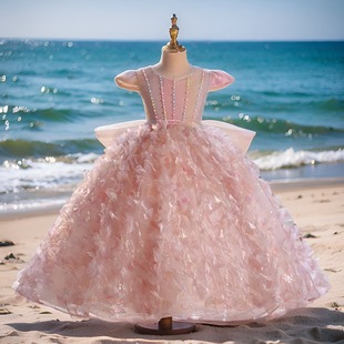 女童生日礼服儿童粉色网纱公主裙主持人走秀女孩高端长款演出服装