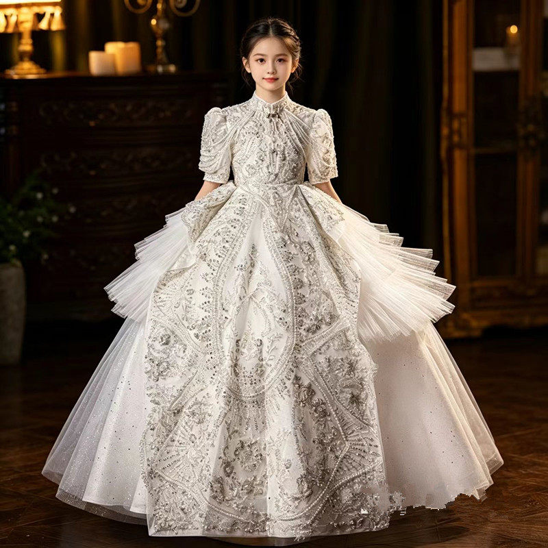 女童生日礼服白色亮片网纱公主裙高端重工儿童主持走秀长款演出服
