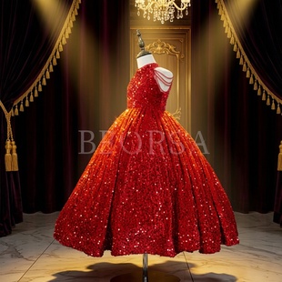 红色亮片女童礼服大童女孩长款公主裙儿童走秀主持人高端演出服装