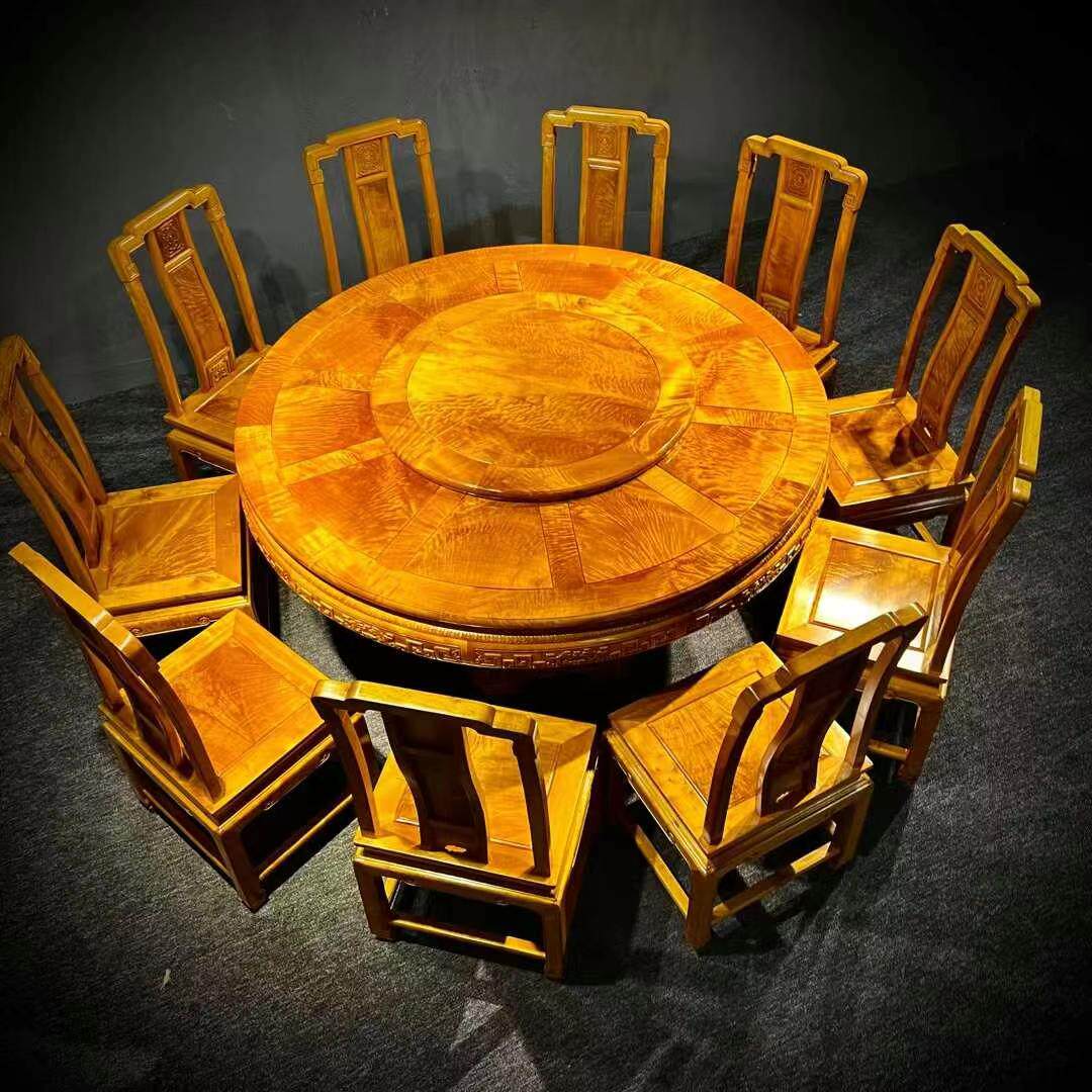 金丝楠木圆餐桌椅组合小叶桢楠新中式饭桌全实木桌子158客厅家具