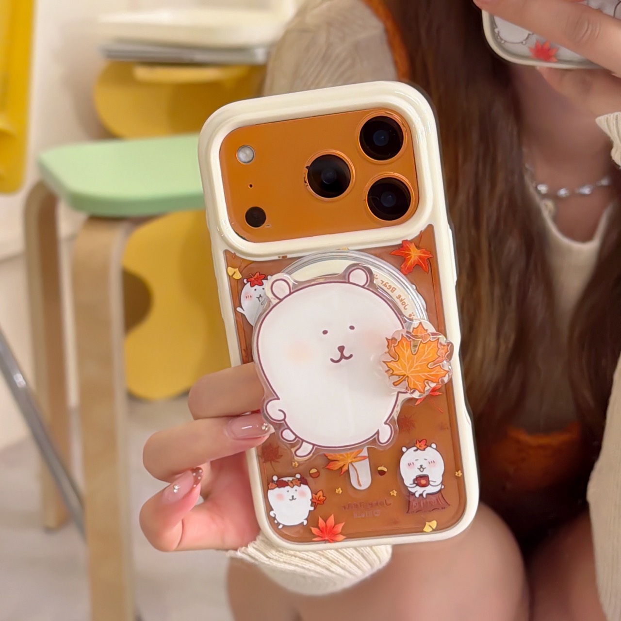 软萌可爱自嘲熊旋转枫叶磁吸支架适用于iphone17promax苹果14手机壳15新款16pro女13透明17pm硬底防摔保护套