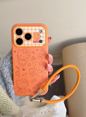 大视窗贴皮橙色线条卡通KT猫适用苹果17promax手机壳iphone16pro新款15带挂绳14秋冬13女17镜头全包防摔套pm