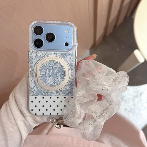 ins蕾丝碎花波点360度旋转支架适用苹果18promax手机壳iphone18pro气囊17pro女款16pro带挂绳15防摔保护套14