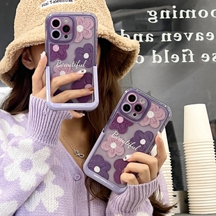 女款 ins油畫花朵隱形支架適用iphone14pro max蘋果13手機(jī)殼12可愛11透紫色13pro max軟硅膠15pro新款 16promax