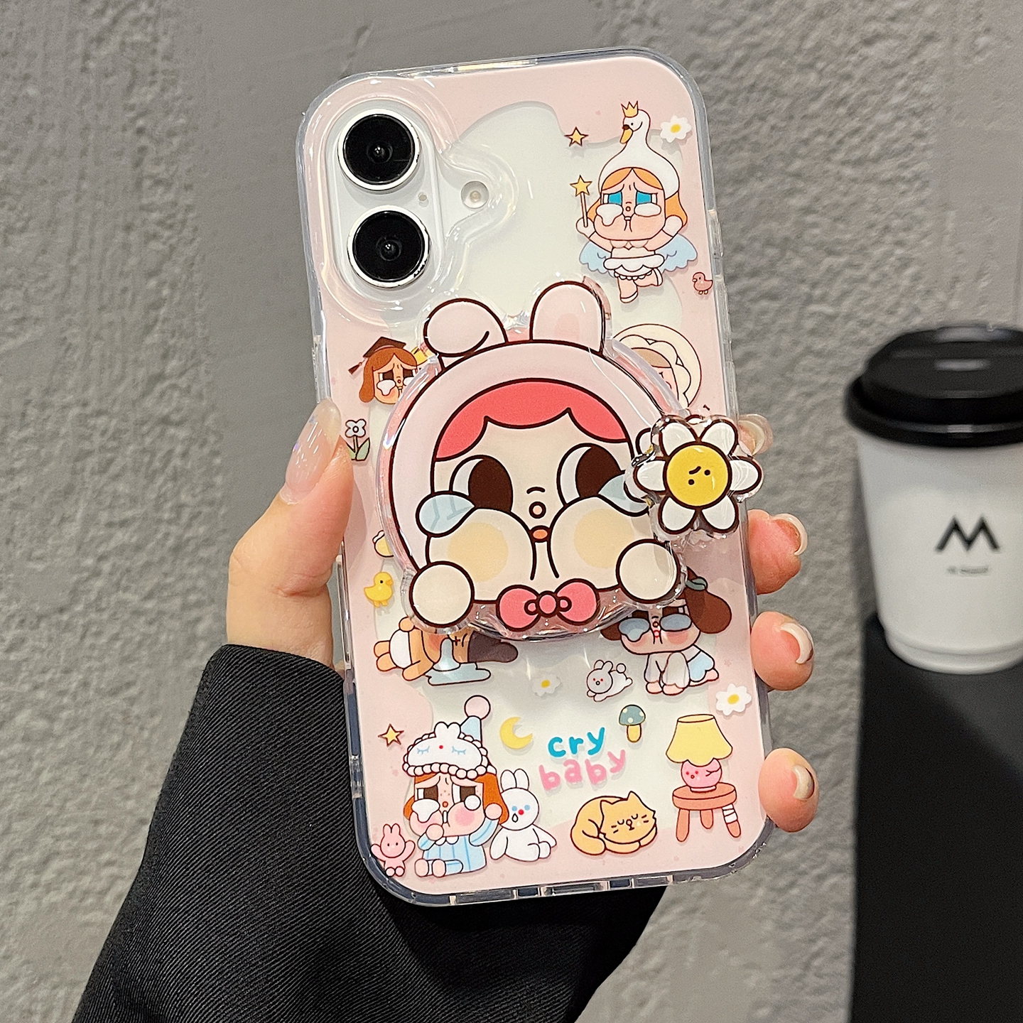 可爱旋转花朵哭娃磁吸支架适用苹果15手机壳超火iphone16promax新款14双层13防摔保护套16p外壳17promax