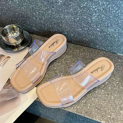 2026新款女拖鞋夏季时尚仙女风方头坡跟厚底拖透明百搭一字拖凉鞋