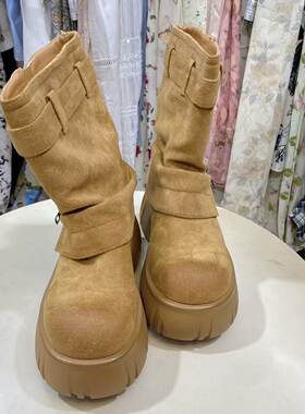 驼色内增高废土风磨砂皮带扣厚底短靴女松糕增高百搭马丁靴