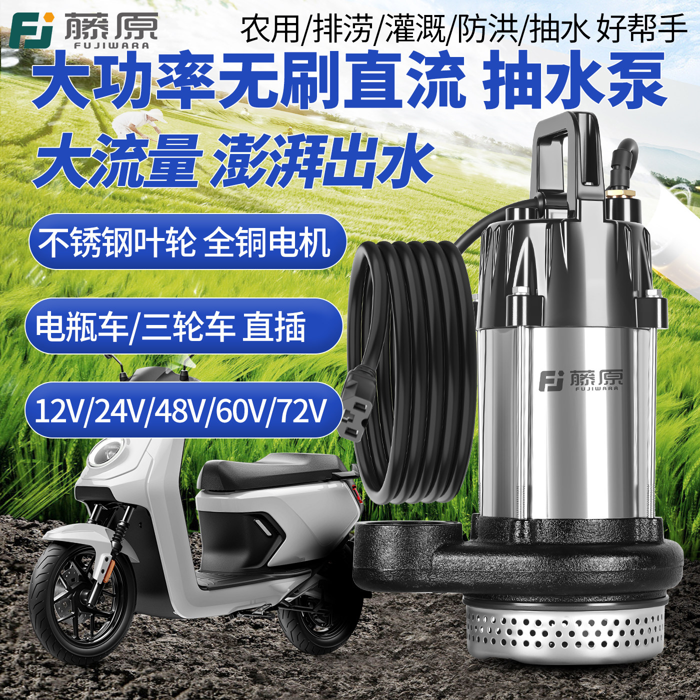 无刷直流潜水泵48v60v72v电动车电瓶车专用抽水泵农用浇菜灌溉机