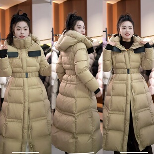 撞色大牌修身 90被子白鹅绒羽绒服 腰带长款