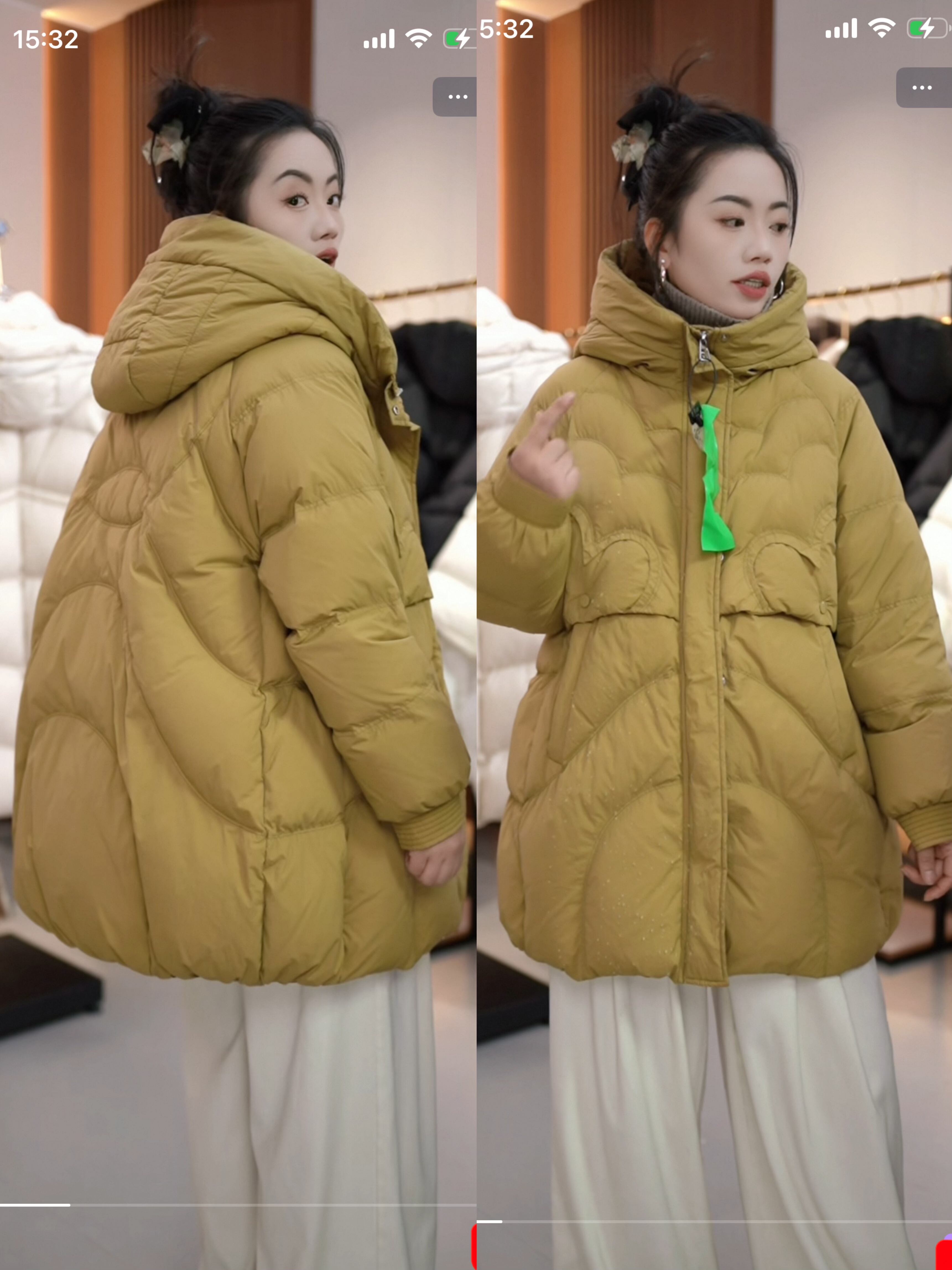 轻薄款姜黄色口袋爱心连帽中款羽绒服