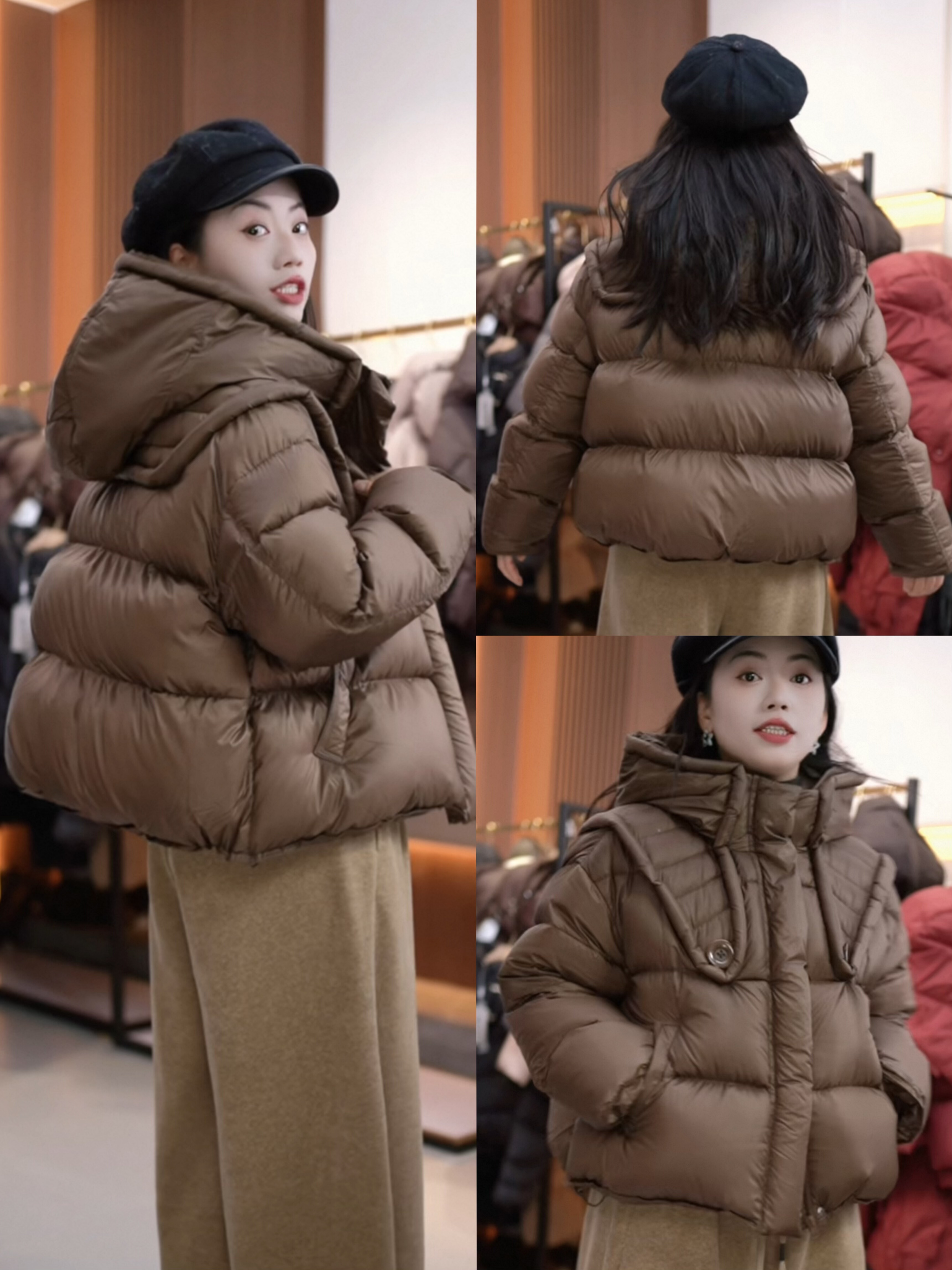 缎面感泡芙90白鸭绒短羽绒服直角肩胸前纽扣 羽绒服