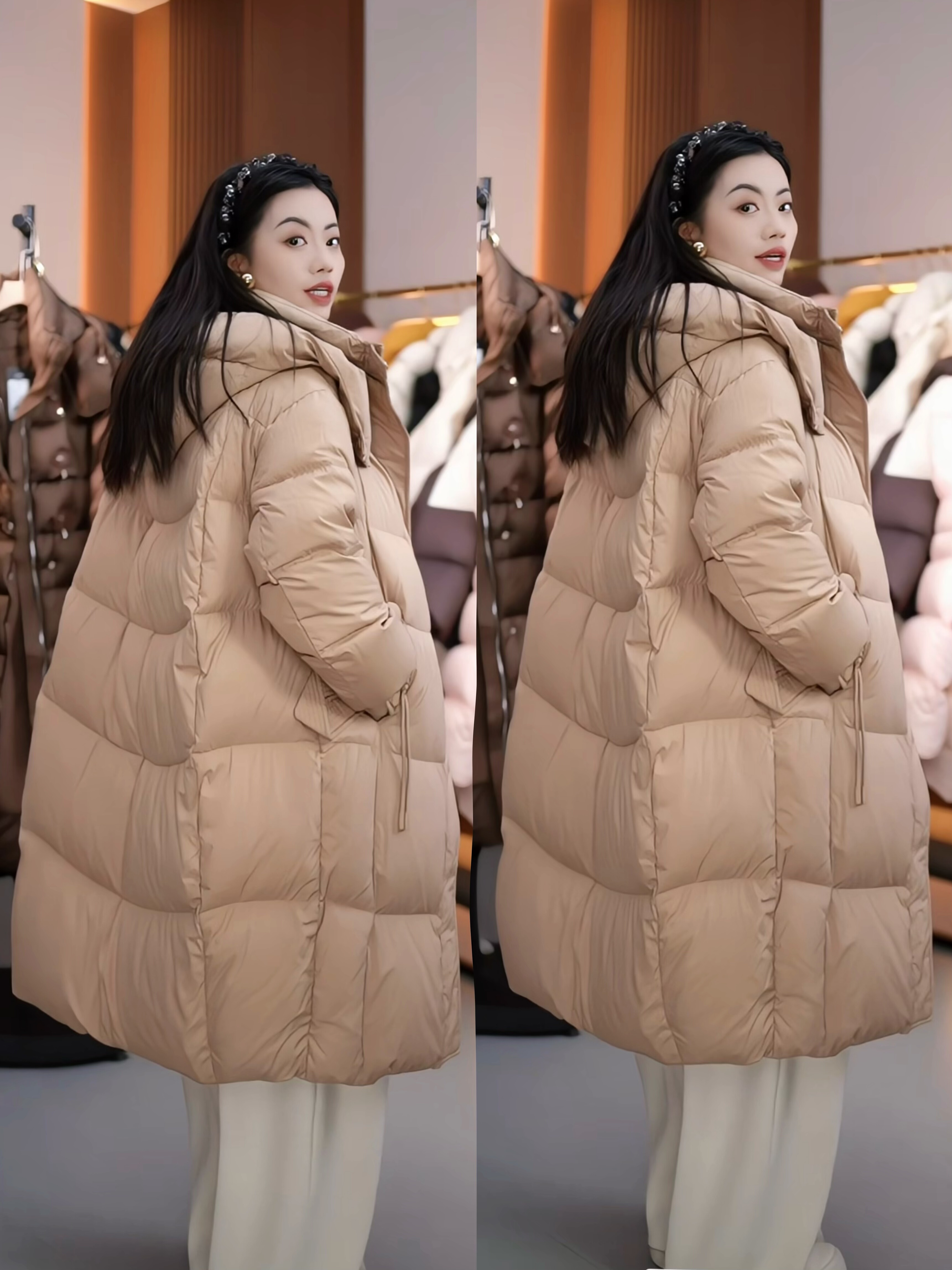 中长款粉色龟背小翅膀鹅绒服羽绒服女2025新款流行爆款时尚外套