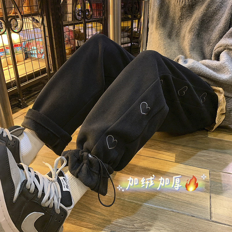 爱心刺绣加绒加厚运动卫裤！男女中性宽松直筒裤NB683,男装休闲裤,电商C303