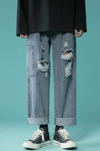 主推爆款转化高！夏季破洞九分裤中性男女宽松牛仔裤NB573P55图片