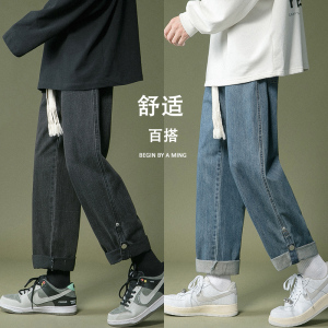 wassup candy直筒卷边牛仔裤男春秋季新款潮流ins宽松阔腿休闲裤图片