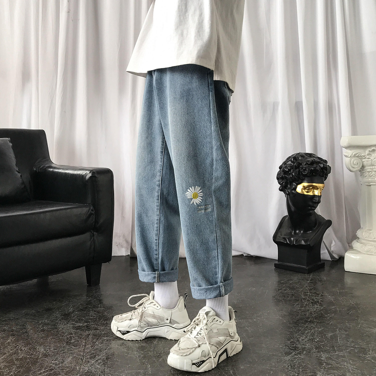 备货2w件推！雏菊牛仔九分裤宽松中性男女NB101P58（控68），男装牛仔裤，电商C303