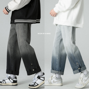 C303-NB815-P55-控68 美潮扎染渐变牛仔裤男女中性宽松直筒卷边裤，男装牛仔裤，电商C303