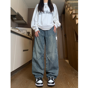 现货主推差价大中性男女宽松小众褶皱牛仔裤大NB8093P65控78图片