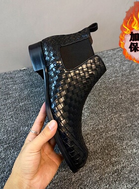 冬季新款男士英伦风时尚手工编织切尔西靴真皮牛皮高帮方头套筒靴