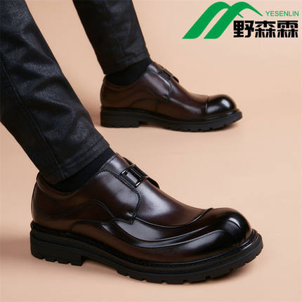 高档真皮鞋2025春季新款男士皮鞋英伦风厚底大头牛皮商务休闲皮鞋