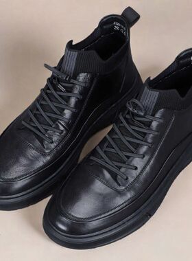 真皮男士休闲鞋秋冬款2025高帮休闲鞋潮流运动百搭毛线口皮鞋男士