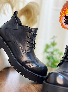 高帮皮鞋欧洲站时尚马丁靴休闲软底舒适系带工装靴厚底真皮牛皮靴