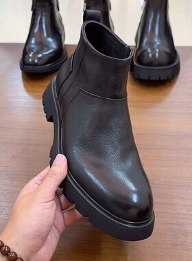 冬季新款男士皮靴黑色真皮侧拉链百搭舒适简约品味男鞋男款短靴潮