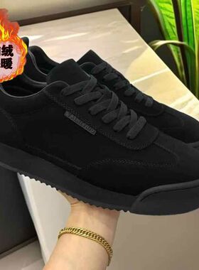 冬季加绒保暖男士休闲板鞋新款磨砂皮男黑色鞋透气韩版休闲皮鞋男