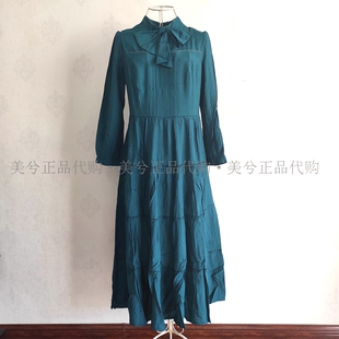 2022秋新款 复古长裙7732 连衣裙天丝暗纹立领蝴蝶结收腰拼接长袖