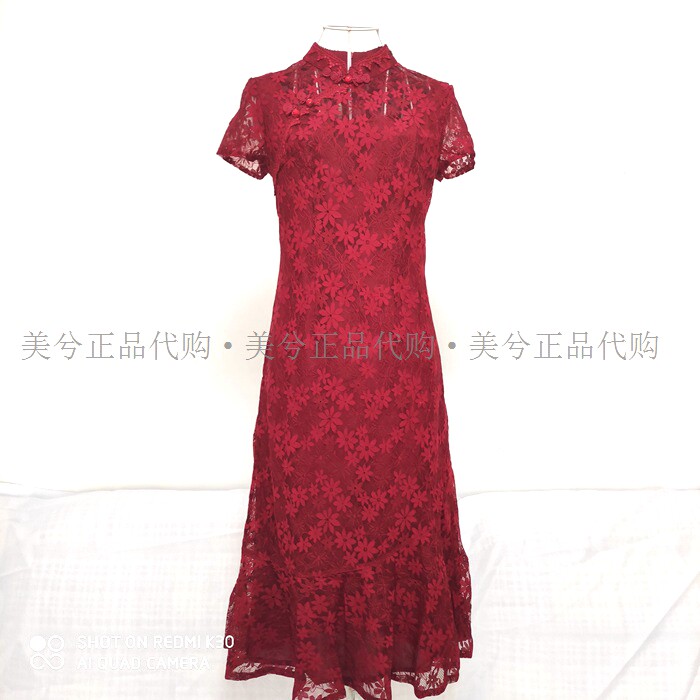 商场同款夏季连衣裙红色蕾丝短袖套头改良旗袍长裙婚礼裙5161